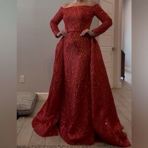 Couture Beaded Red Off-Shoulder Evening Gown with Overskirt
